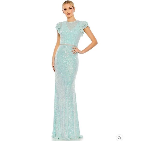 Mac Duggal 26942  Womens SEQUINED HIGH NECK FLUTTER SLEEVE GOWN Dress Blue - Picture 3 of 16